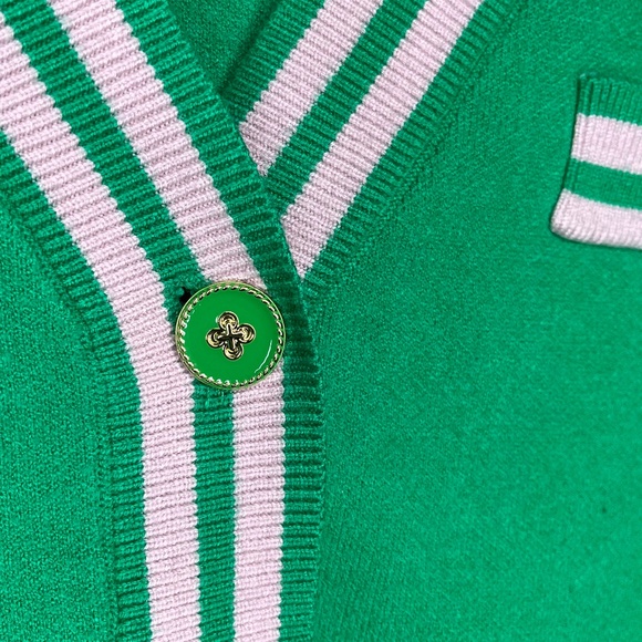 Sioni Kerry Varsity Style Cardigan with Detail Stripes in Green & Blush Pink - Picture 4 of 7